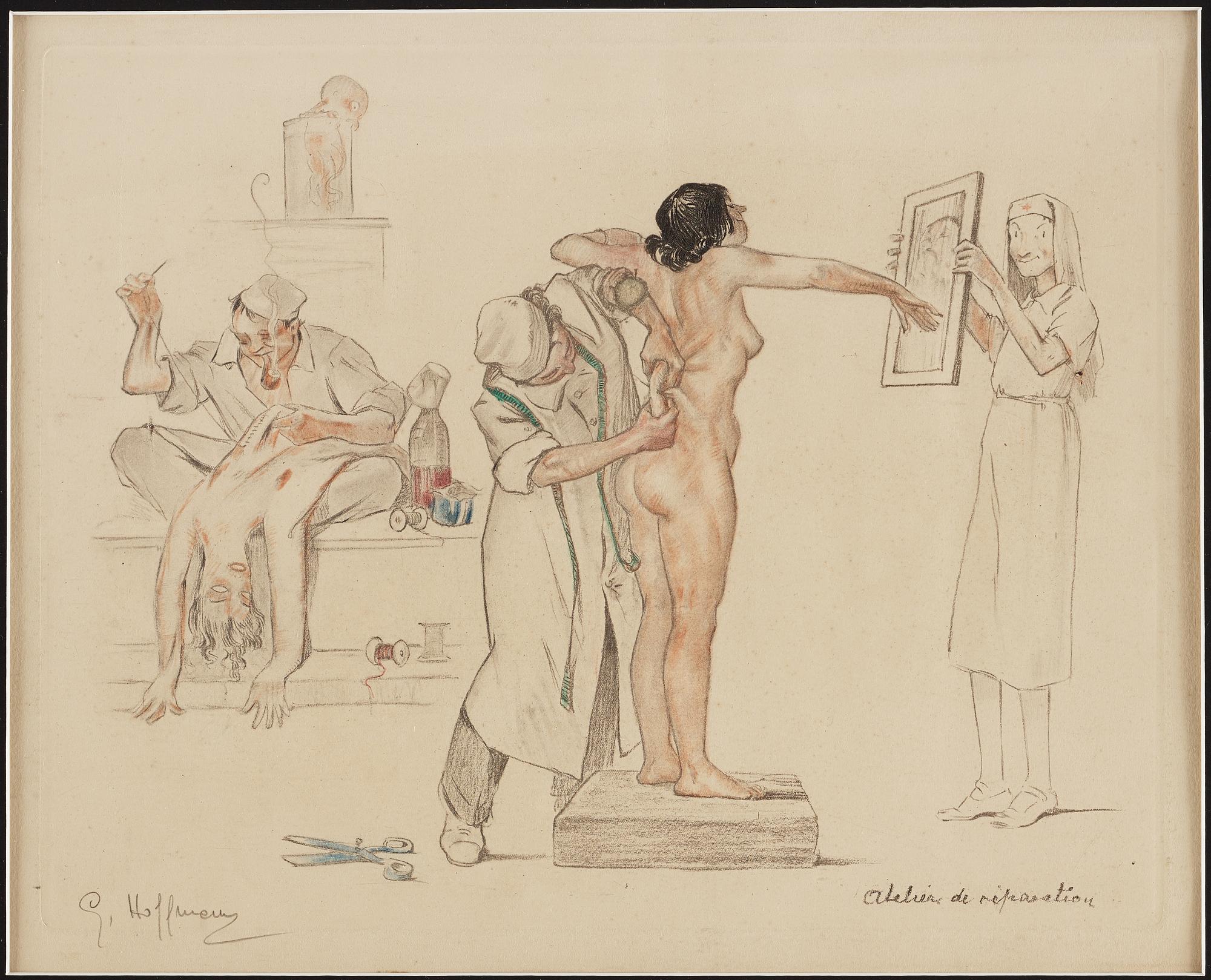 An etching by an unknown artist "Atelier de reparation", signed G Hoffman.