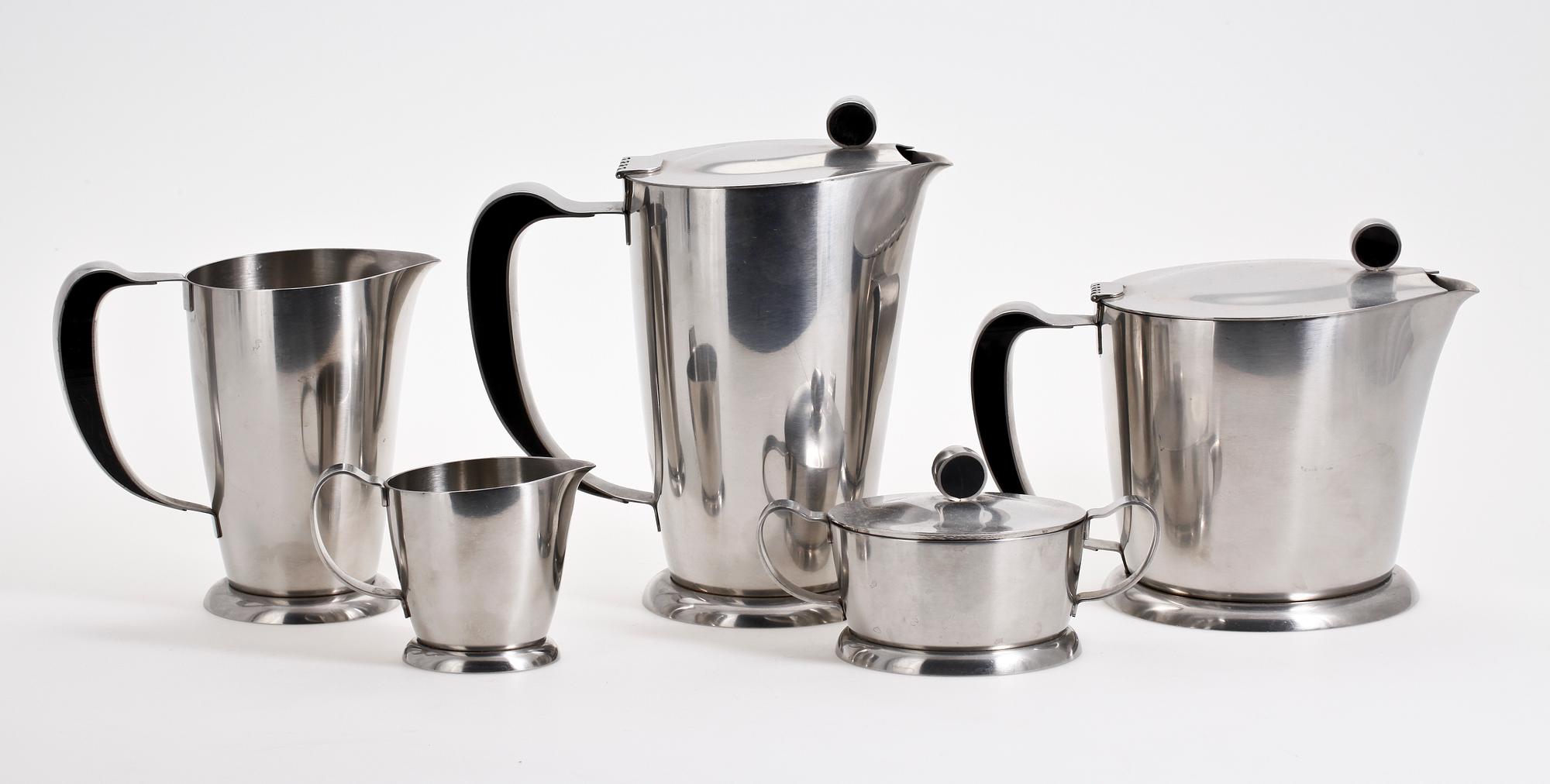 TE OCH KAFFESERVIS, 6 delar, rostfritt stål, art deco, Gense.