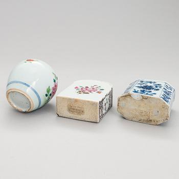 Two Chinese 18th-Century porcelain tea caddies and a jar and a 19th-Century snuff bottle.