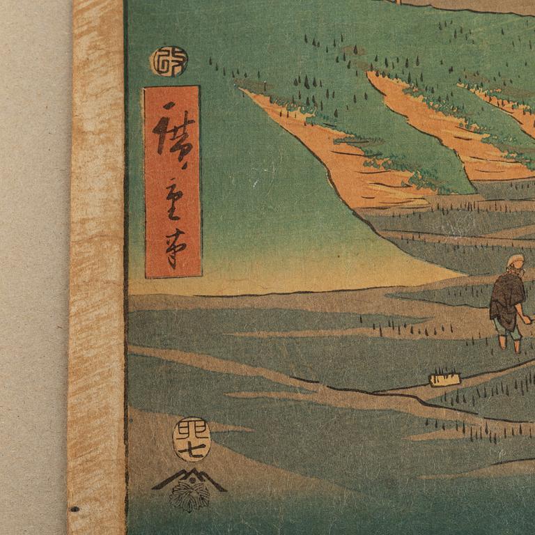 Ando Utagawa Hiroshige, two colour woodblock prints, Japan, 1855.