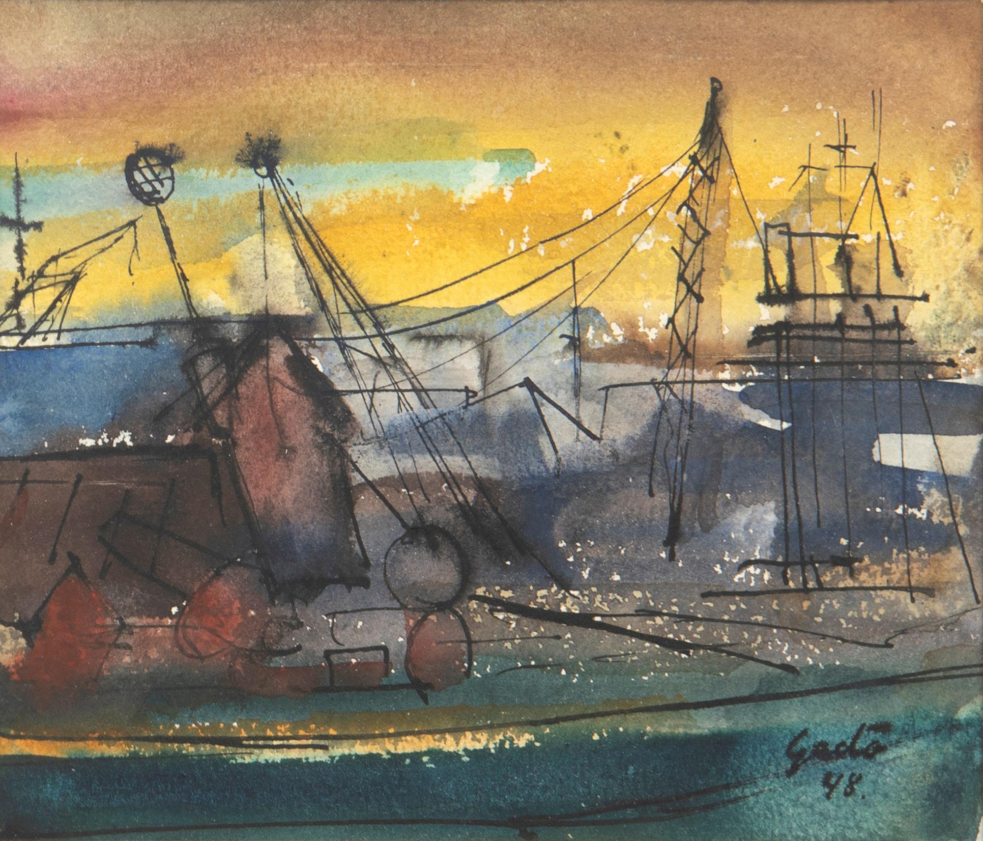 Bertil Gadö, Harbour scene and city scene, two pieces.