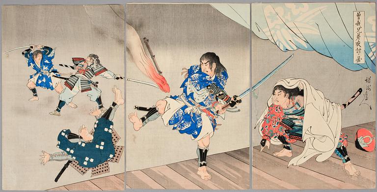 CHIKANOBU, träsnitt, triptyk, sign.