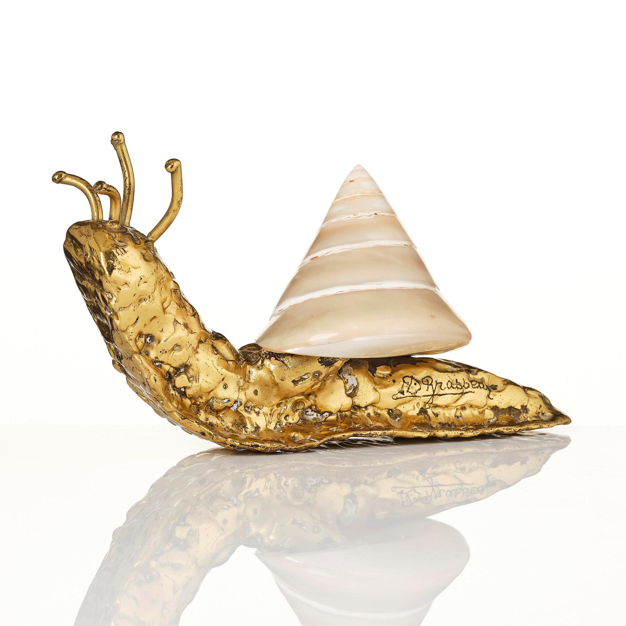 Jacques Duval-Brasseur, skulptur, snigel i brons med snäcka, Frankrike, 1970-tal.