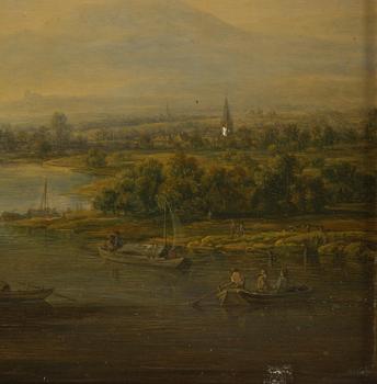 Christian Georg Schütz, Pastorala flodlandskap med figurer och båter, ett par.