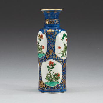 A powder blue ground vase with gilding and 'famille-verte' enamels within reserves, Qing dynasty, Kangxi (1622-1722).