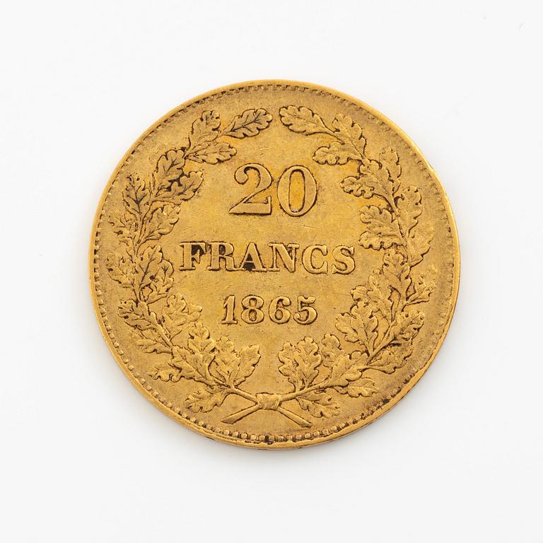 Gold coin Belgium, Leopold I, 20 Franc, 1865.
