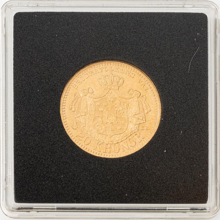 Guldmynt, Oscar II, 20 kronor, typ III, Sverige 1899.