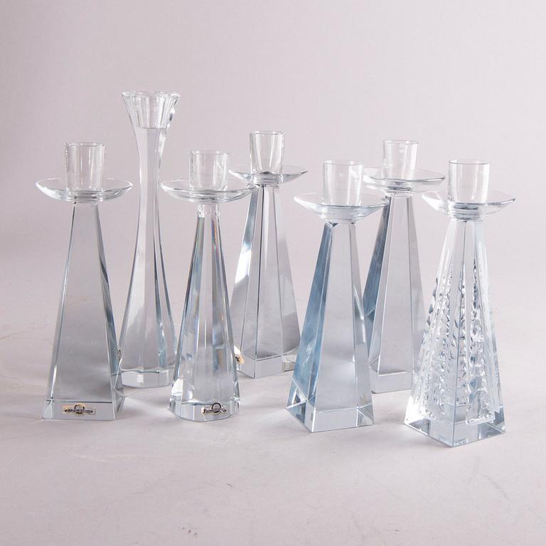 A set of seven 1930/40s Asta Strömberg glass candle sticks from  Strömbergshyttan, candlesticks, 7 pcs,