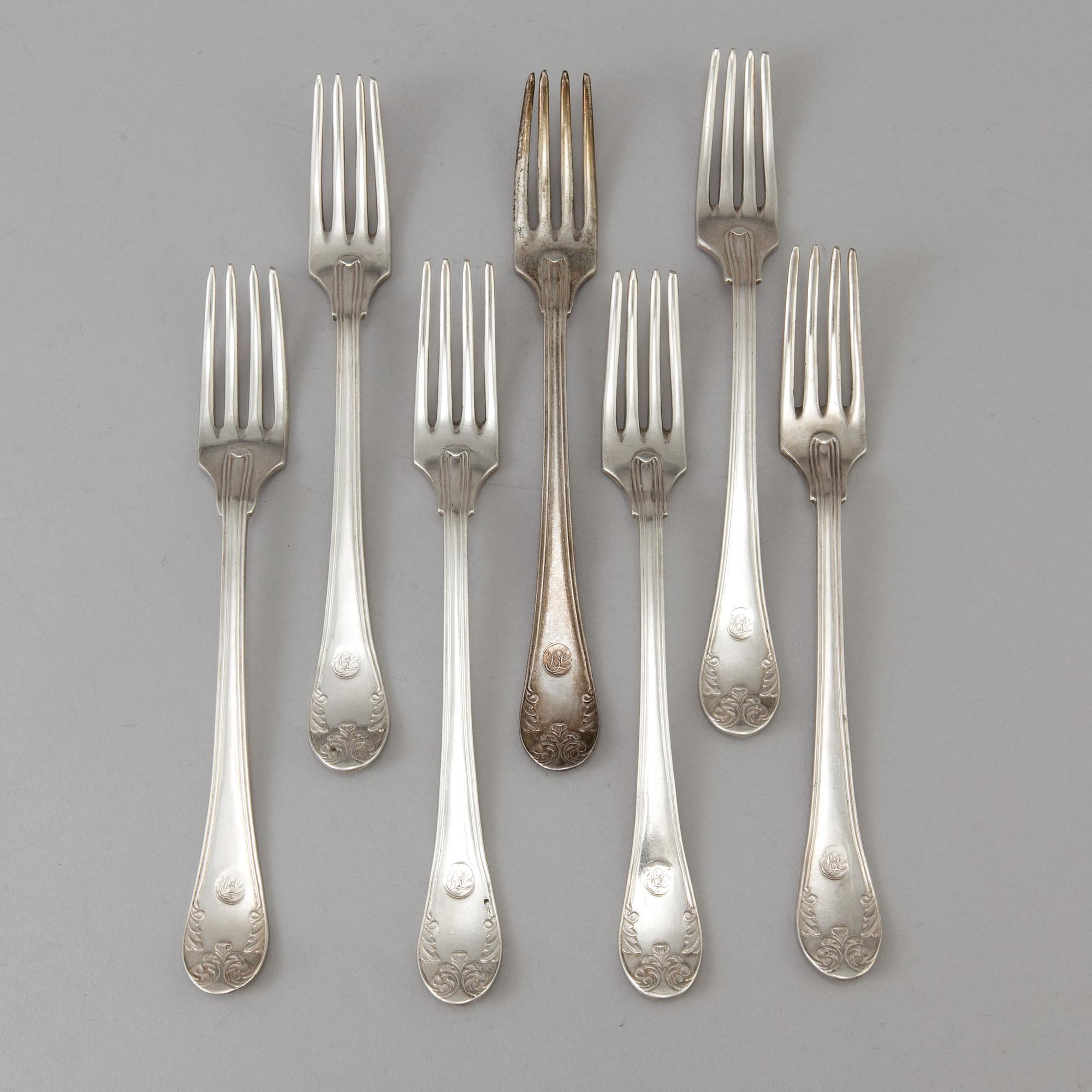 Seven Swedish Empire silver table forks by Johan Petter Grönvall in Stockholm 1828.