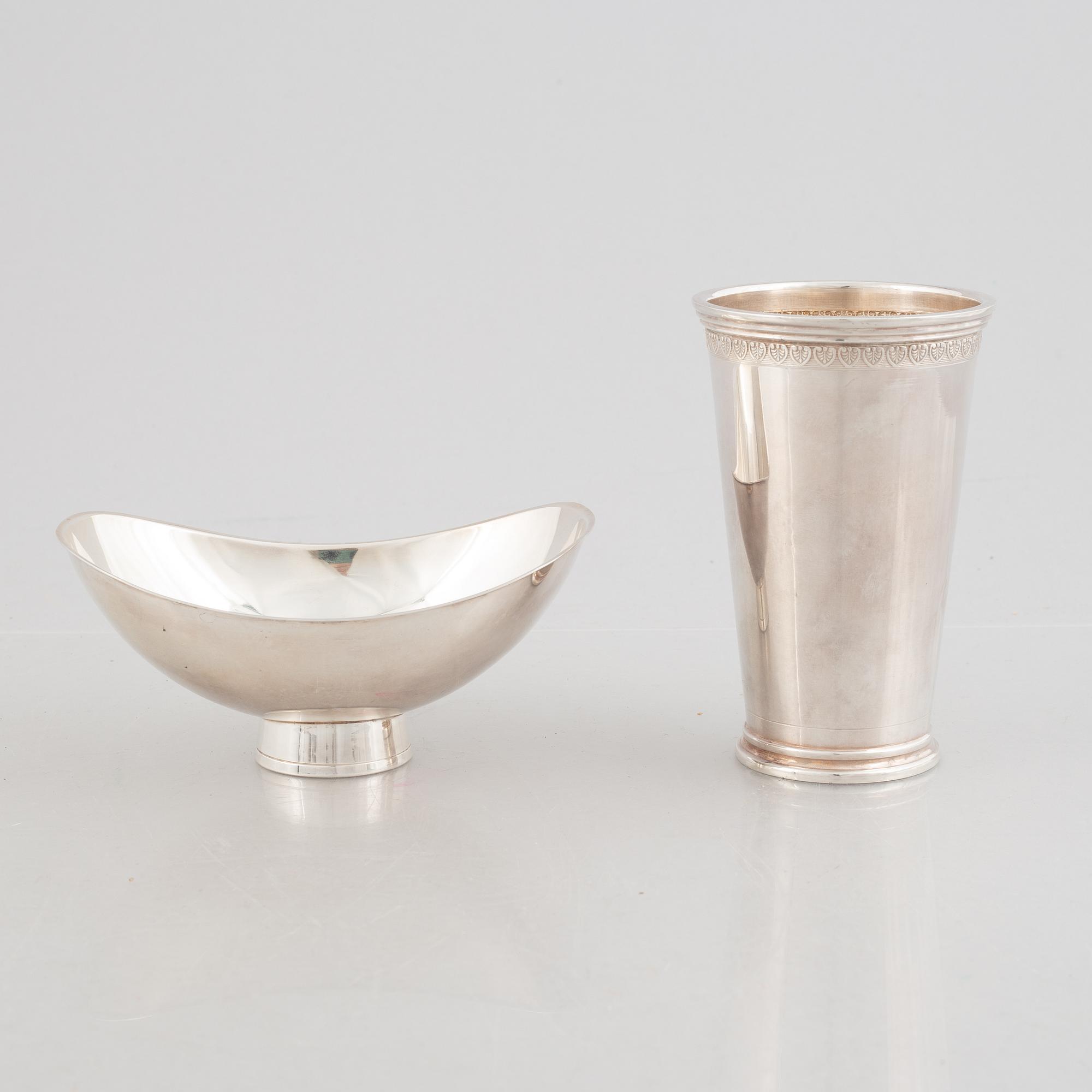 A silver bowl and a beaker, including Gustaf Janson, CG Hallberg, Stockholm 1957.