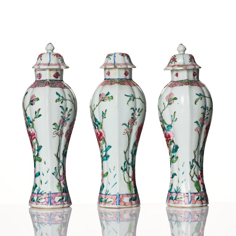 A set of three famille rose vases with covers, Qing dynasty, Qianlong (1736-95).