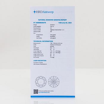 An 18K rose gold ring, with a brilliant-cut diamond approximately 2.01 ct, accompanying HRD report.