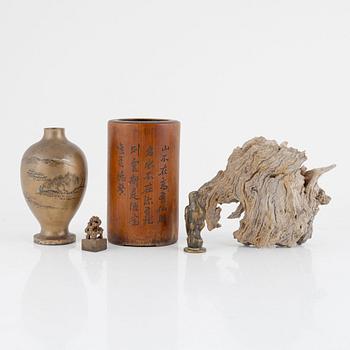 A Chinese bamboo brush stand, a lacquer vase, a piece of wood and two seals, part Qing dynasty.