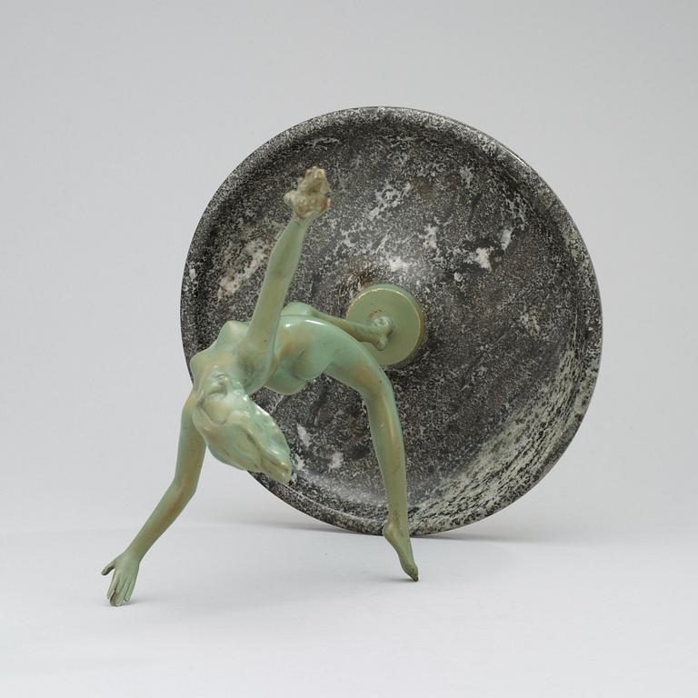 A Josef Lorenzl Art Deco green lacquered bronze figure of a nude, mounted to a marble dish, probably 1930's.