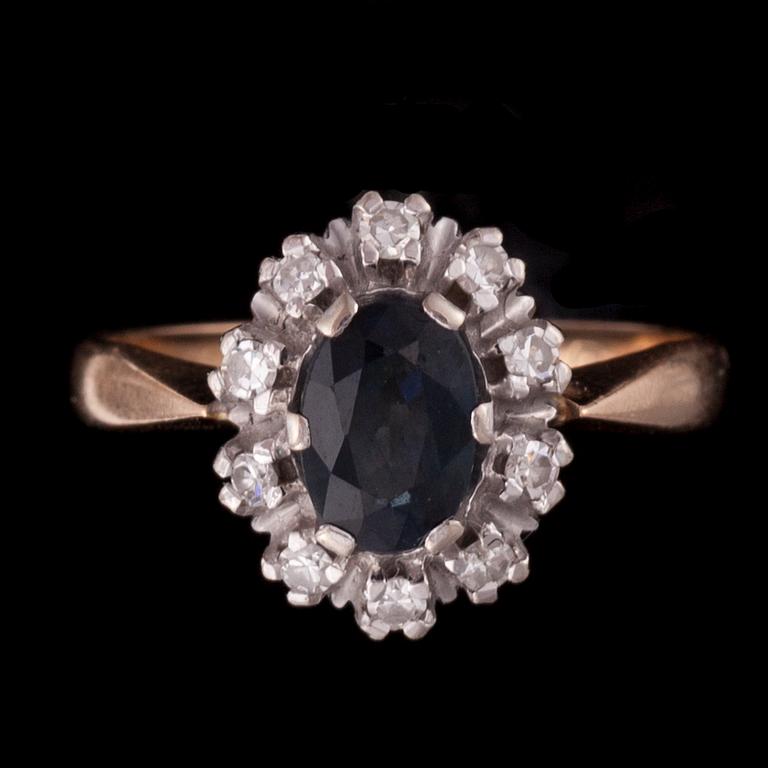 RING, 14K guld, safir, diamanter. Vikt ca 3,3 g.