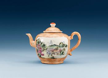 A famille rose marble-ground teapot with cover, Qing dynasty (1644-1912).