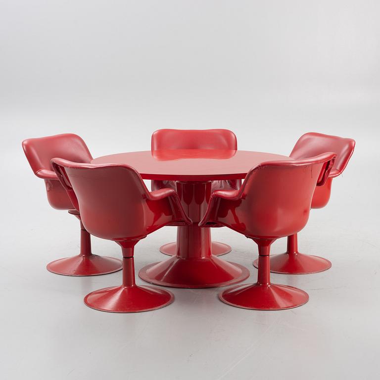 Yrjö Kukkapuro, a dining table with five armchairs, "Saturnus", Haimi, Finland, 1970's.