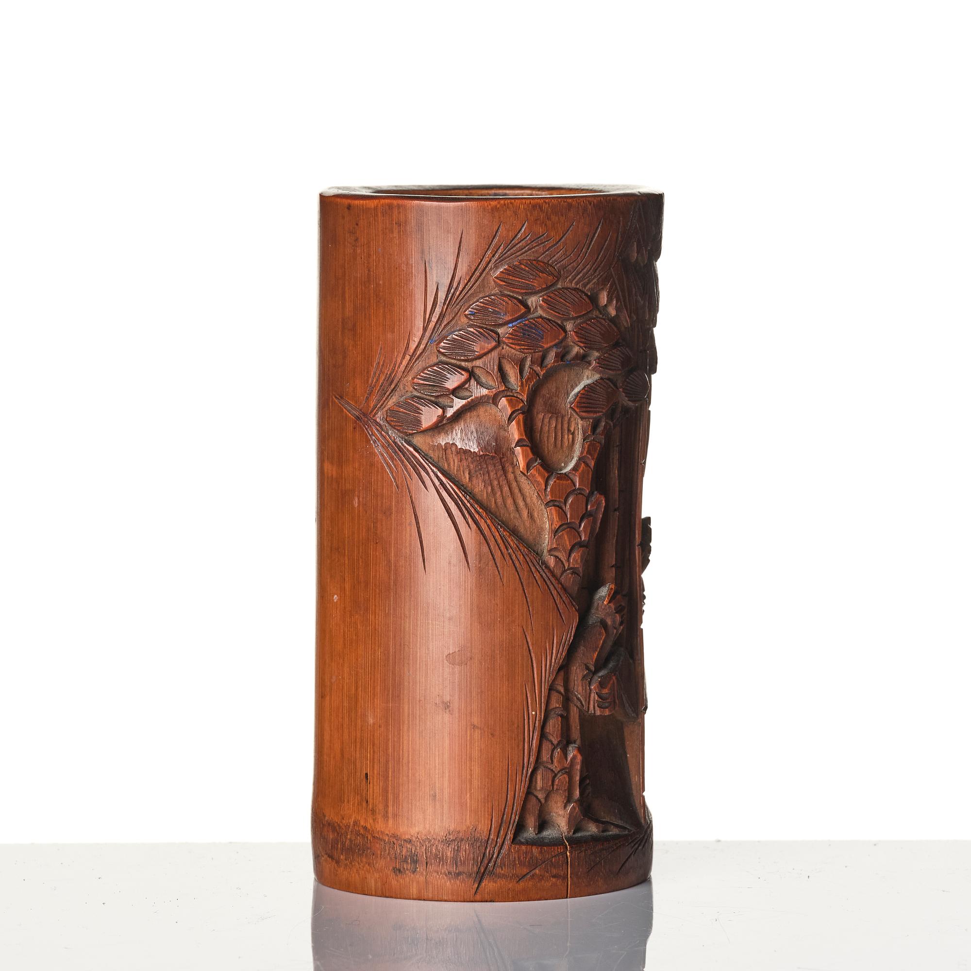 A Chinese brushpot, Qing dynasty, circa 1900. An archaistic bronze ewer and a silvered South East Asian bowl with stand.