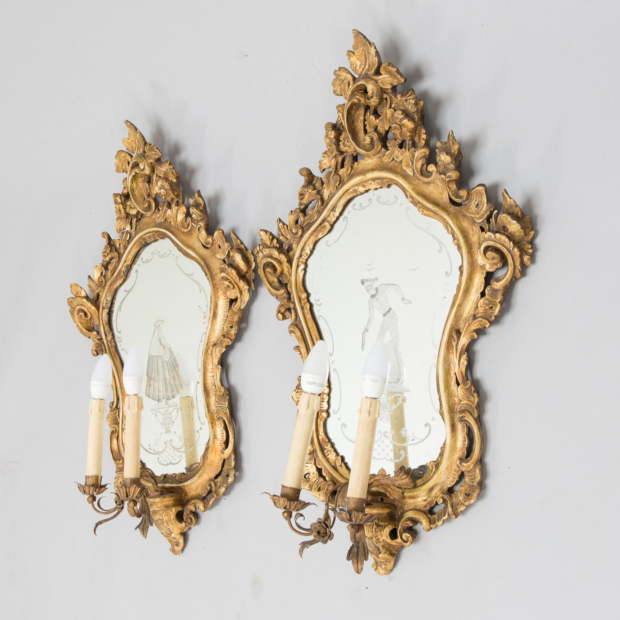 A pair of Venetian mirror lamps in rococo style,  20th century.