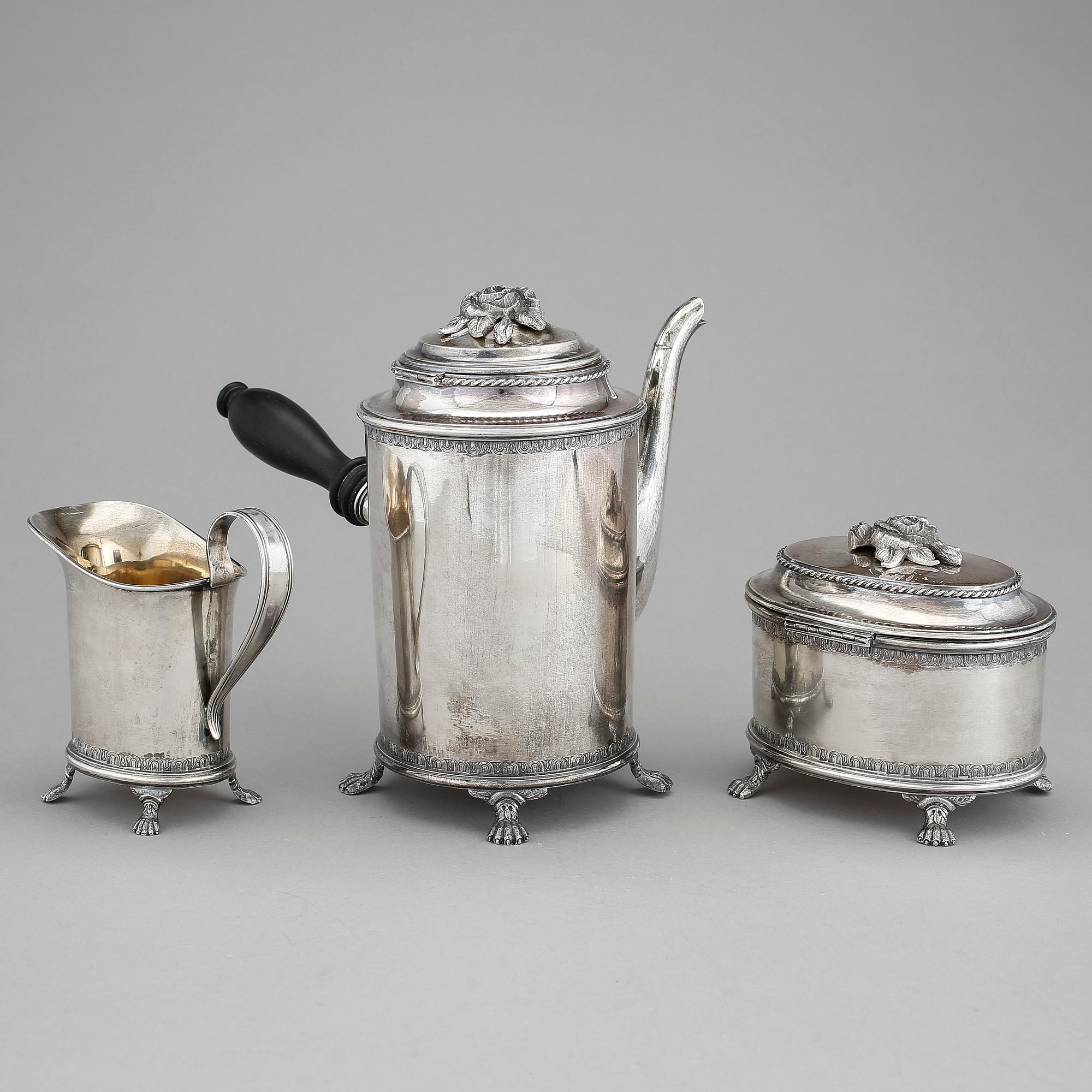 KAFFESERVIS, 3 delar, silver, Eric Råström, Stockholm, 1949. Total vikt ca 1600 gram.