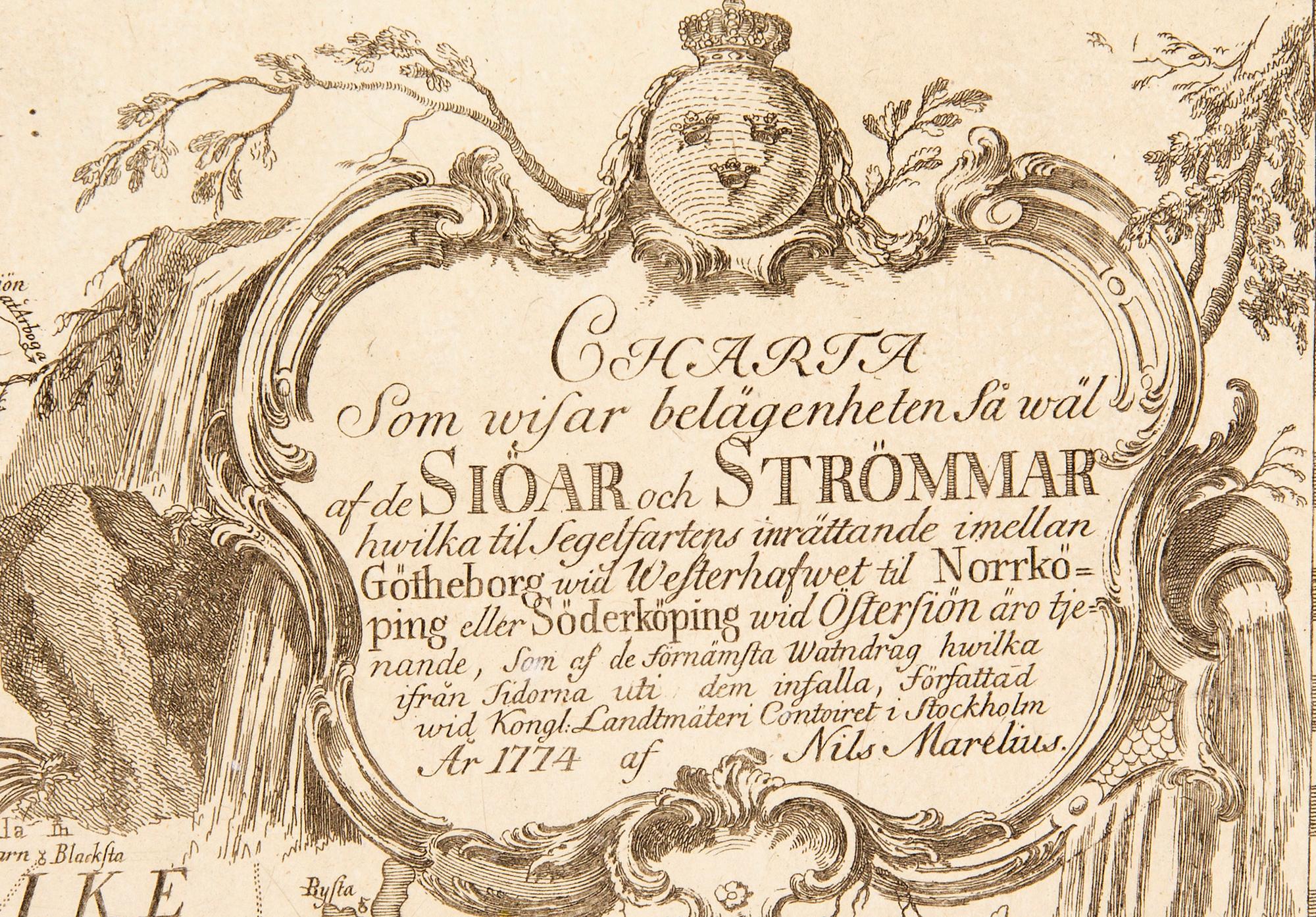 Nils Marelius, map of mid Swedens waterways before Göta Kanal, hand colored copper engraving, Stockholm 1774.