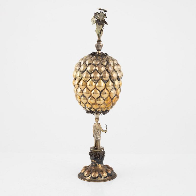 A German Baroque Style Parcel-Gilt Silver Pineapple Cup with Cover, circa 1900.