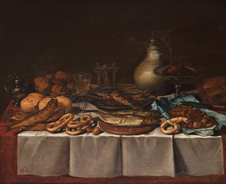 Pieter Claesz Hans krets, Stilleben med fiskar, bröd och krus.