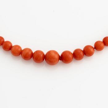 Necklace with graduated coral beads, clasp in gold with coral.