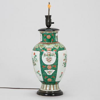 A famille verte vase, made in to a lamp, 20th century.