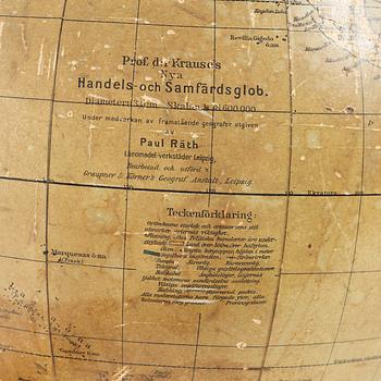 A terrestrial globe, "Professor Dr Krauses Nya Handels- och samfärdsglob", Leipzig, Germany, early 20th Century.