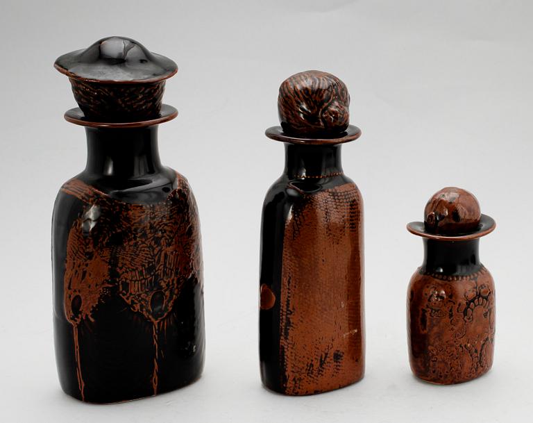 KARAFFER, 3 st, stengods, Stig Lindberg, Gustavsbergs studio.