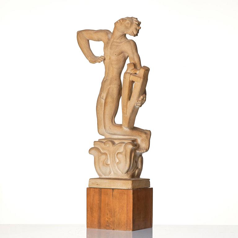 John Lundqvist, a patinated plaster sculpture of a lyre player, dated 1928.