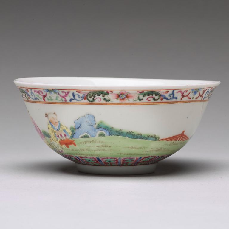 A Chinese famille rose 'boys' bowl, presumably Republic, with Xuantongs mark.