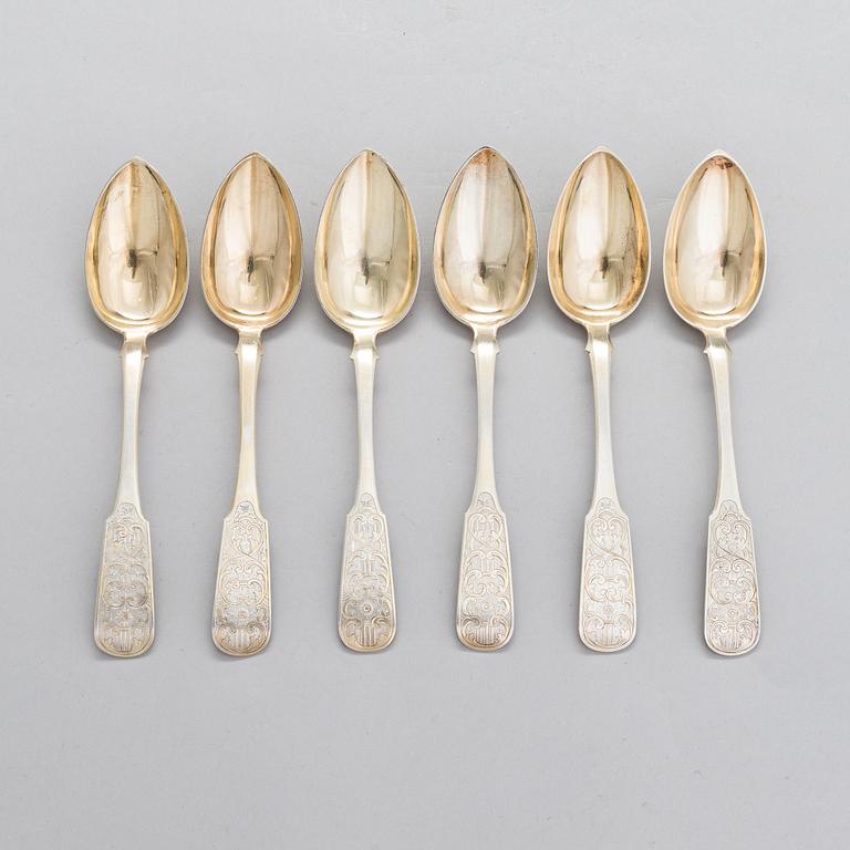 A set of six parcel-gilt silver table spoons, maker's mark of Anton Chevarzin and Maksim Funtikov, Moscow, Russia 1854.