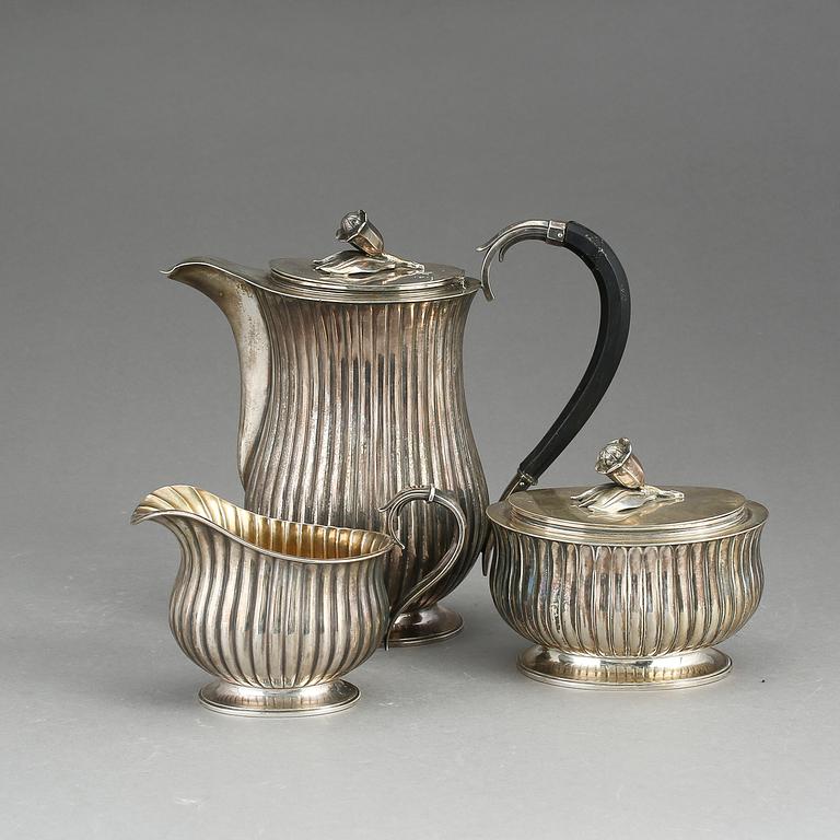 KAFFESERVIS, 3 delar, silver, E Råström, Stockholm 1941, tot ca 1130 gram.