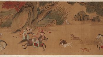 A fine handscroll of hunting scenes and with calligraphy, Qing dynasty.