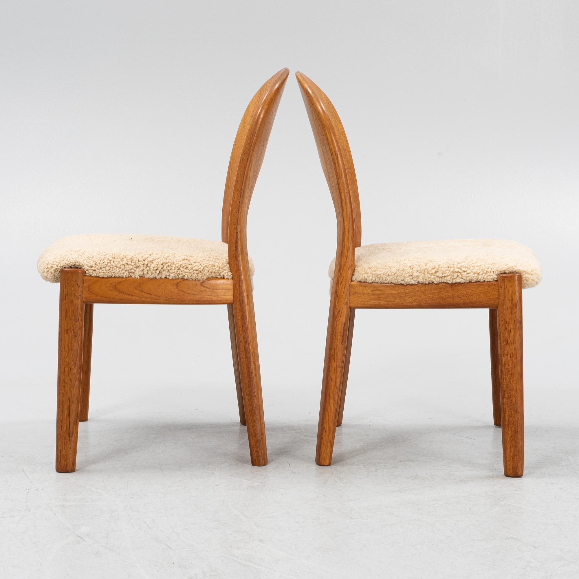 Niels Koefoed, six teak dining chairs upholstered in new sheep skin, Denmark, 1960's.