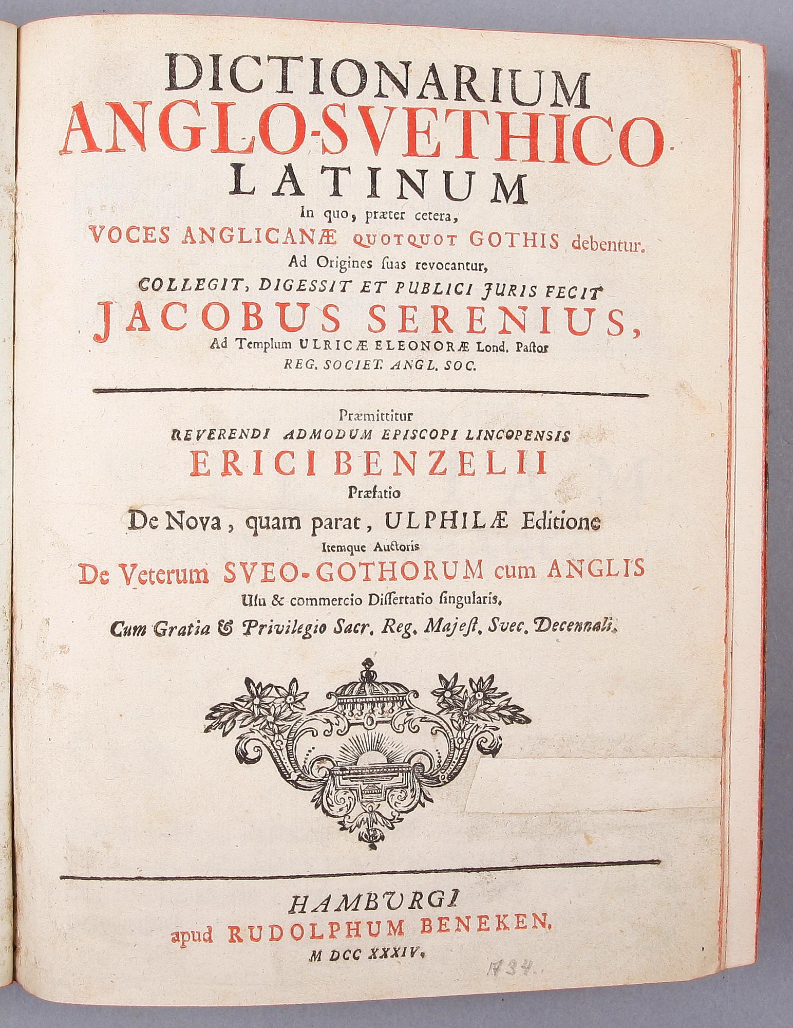 BÖCKER, vol I och II, "Dictionarium Anglo-Svethico, latinum" av Jacob Serenius, Hamburg 1734 resp Stockholm 1761.