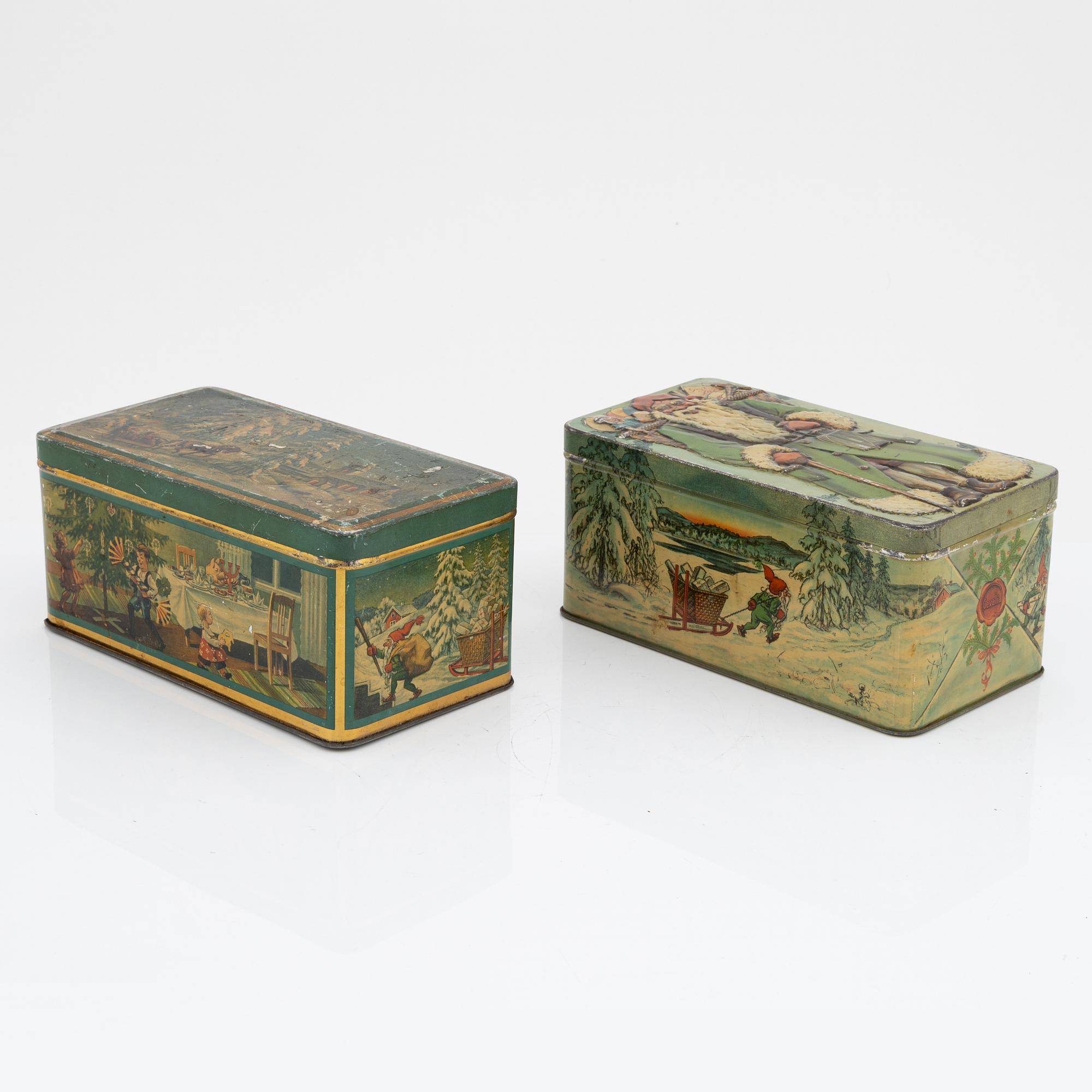 Two christmas tin coffee boxes, Gevalia, Sweden, 1930's.