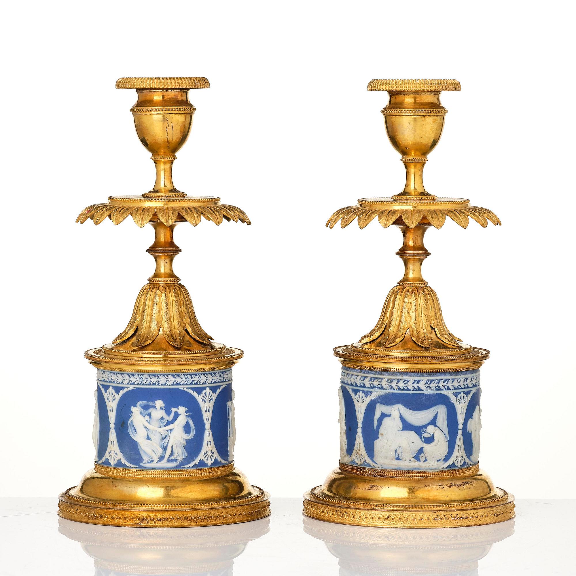 A pair of George III ormolu and jasperware candlesticks, late 18th century.