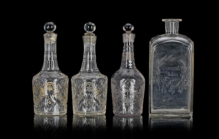 KARAFFER, 3 st, samt FLASKA, glas, 1800/1900-tal.