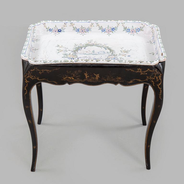 A Swedish Rococo faience tea table, Marieberg 1770.