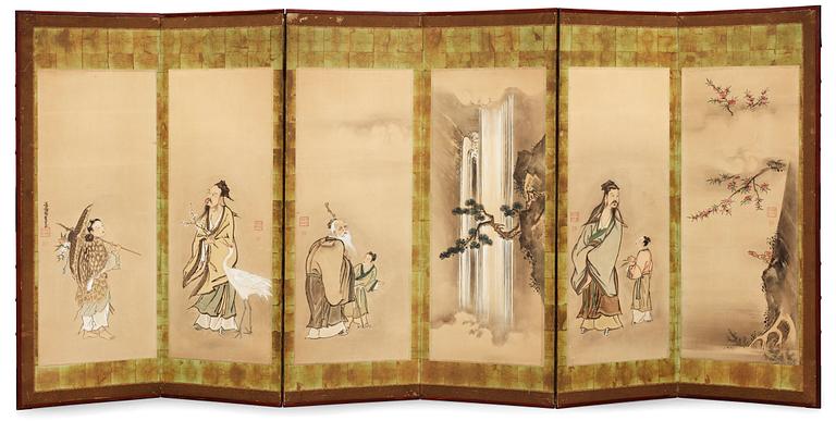 A pair of Japanese six fold screens with Chinese scrolls.