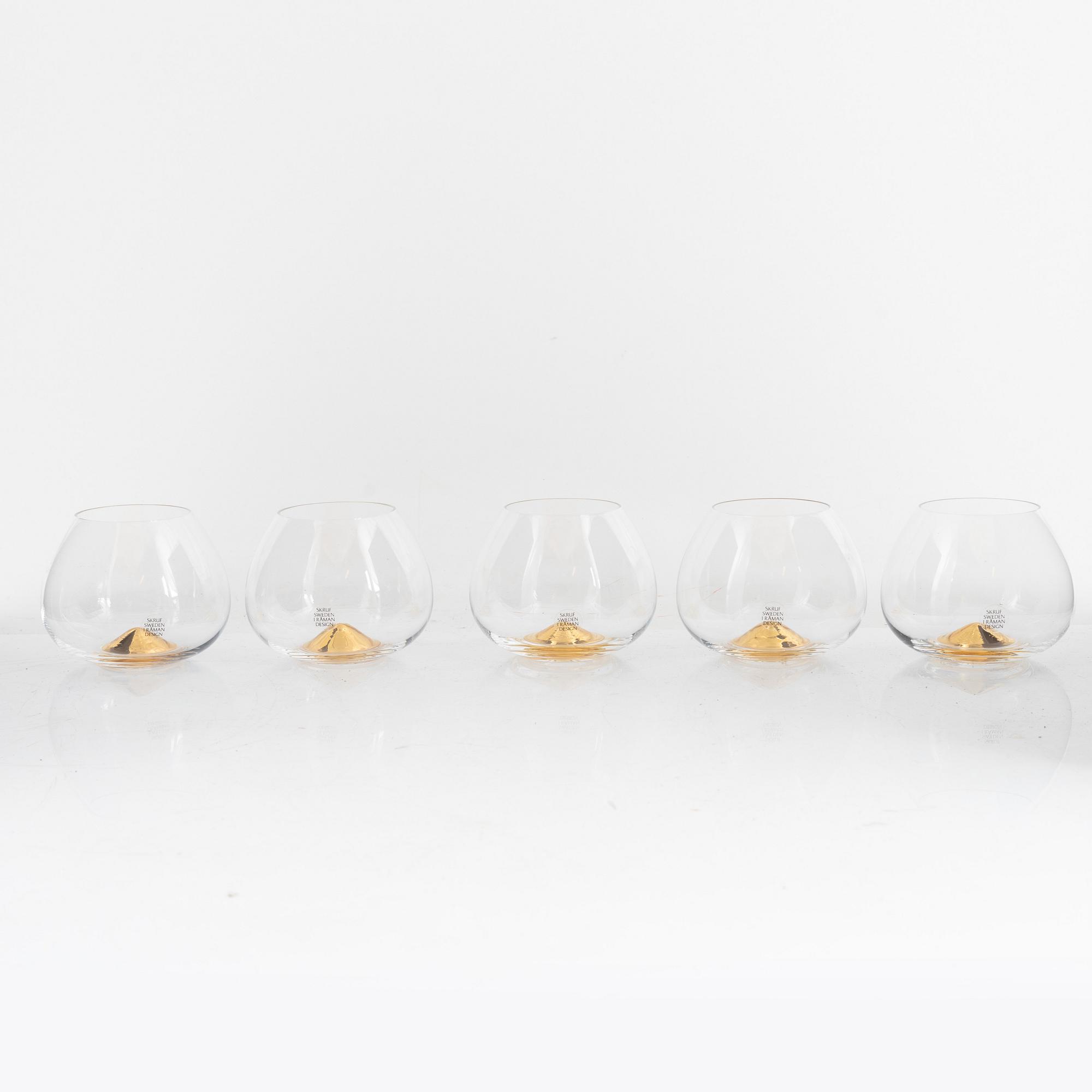 Ingegerd Råman, cognac glasses, 5 pcs, "Guld", Skrufs Glasbruk. Second half of the 20th century.