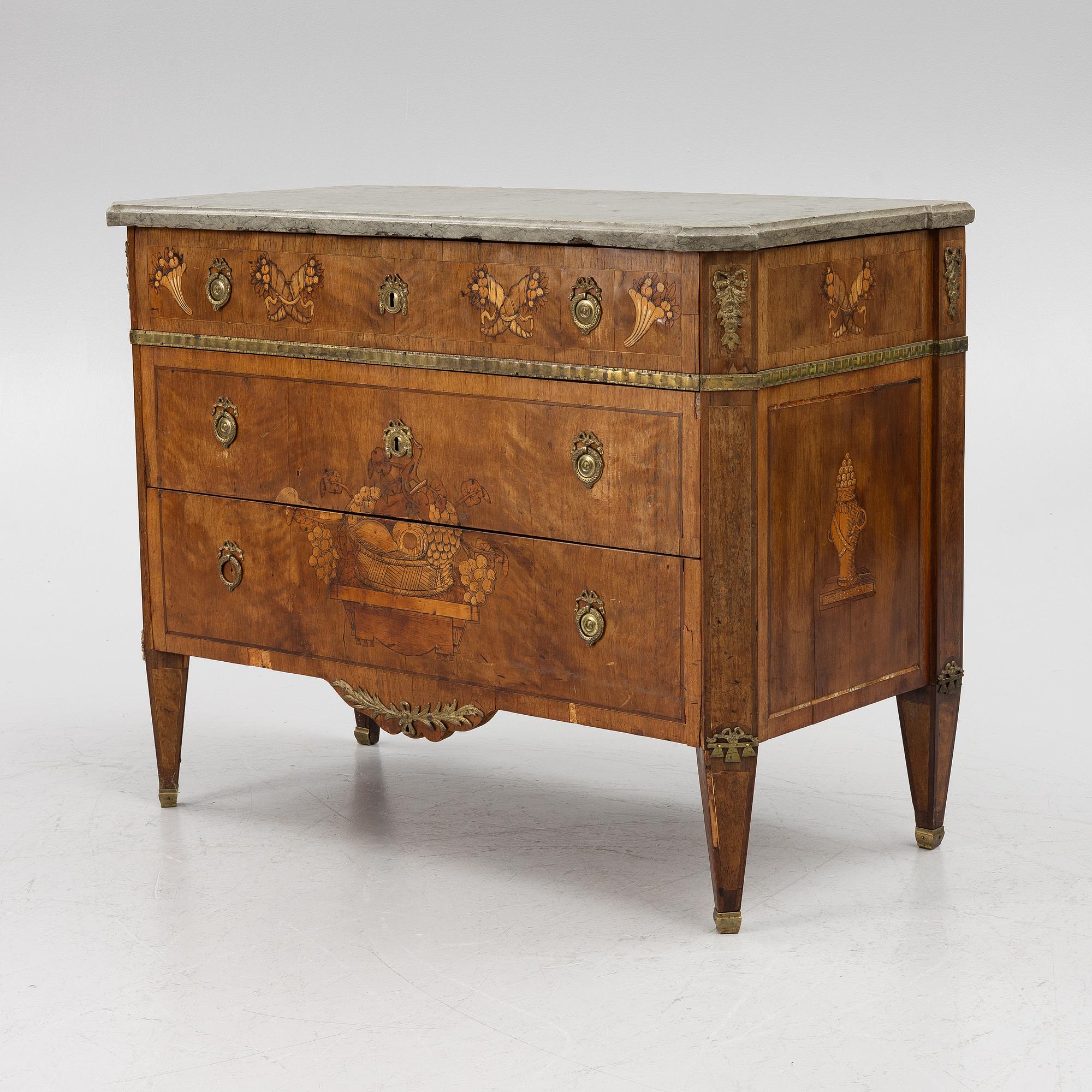 A Gustavian marquetry commode by C- Lindborg (master in Stockholm 1781-1808).