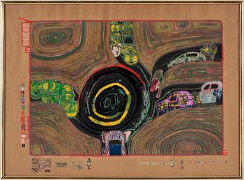 Friedensreich Hundertwasser · FRIEDENSREICH HUNDERTWASSER, färgserigrafi med metallprägling, tryckt signatur, stämpelnumrerad 697/3000.