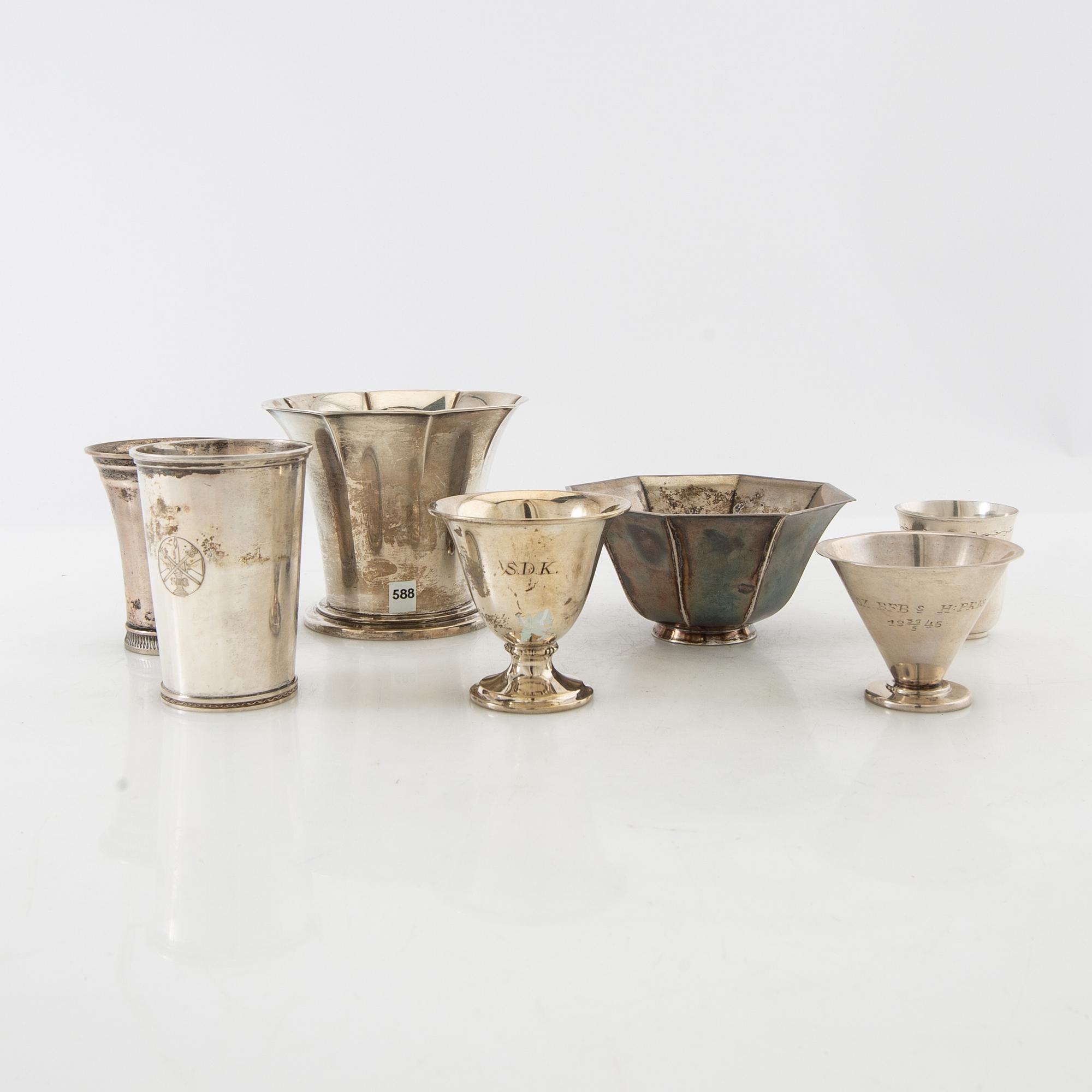 Cups/Bowls 6 pcs mostly CG Hallberg silver, first half of the 20th century.