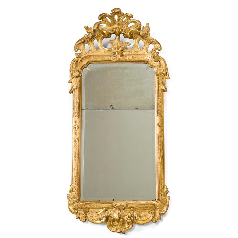 A Rococo giltwood mirror by Nils Meunier (master in Stockholm 1754-97, royal court mirror maker 1769).