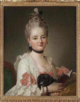 Per Krafft d.ä., Porträtt av en ung kvinna med en hund, midjebild.
