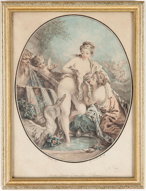 FRANCOIS BOUCHER, efter, färgakvatintetsning, sent 1700-tal.